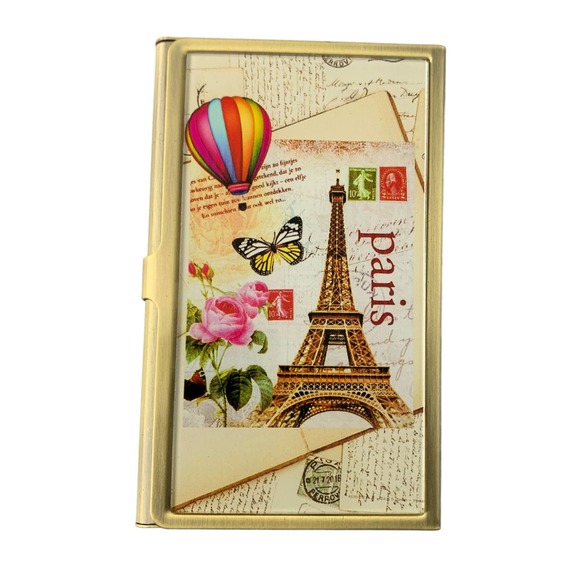 Business Card Holder, Paris Eiffel Tower Postcard, Brass & Glass Case, Gift Box - Picture 2 of 5